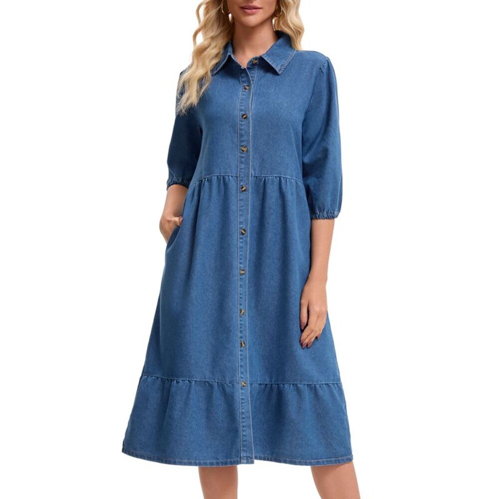 Women's Denim Dress 3/4 Sleeve Collar A Line Tiered Midi Jean Dress Blue